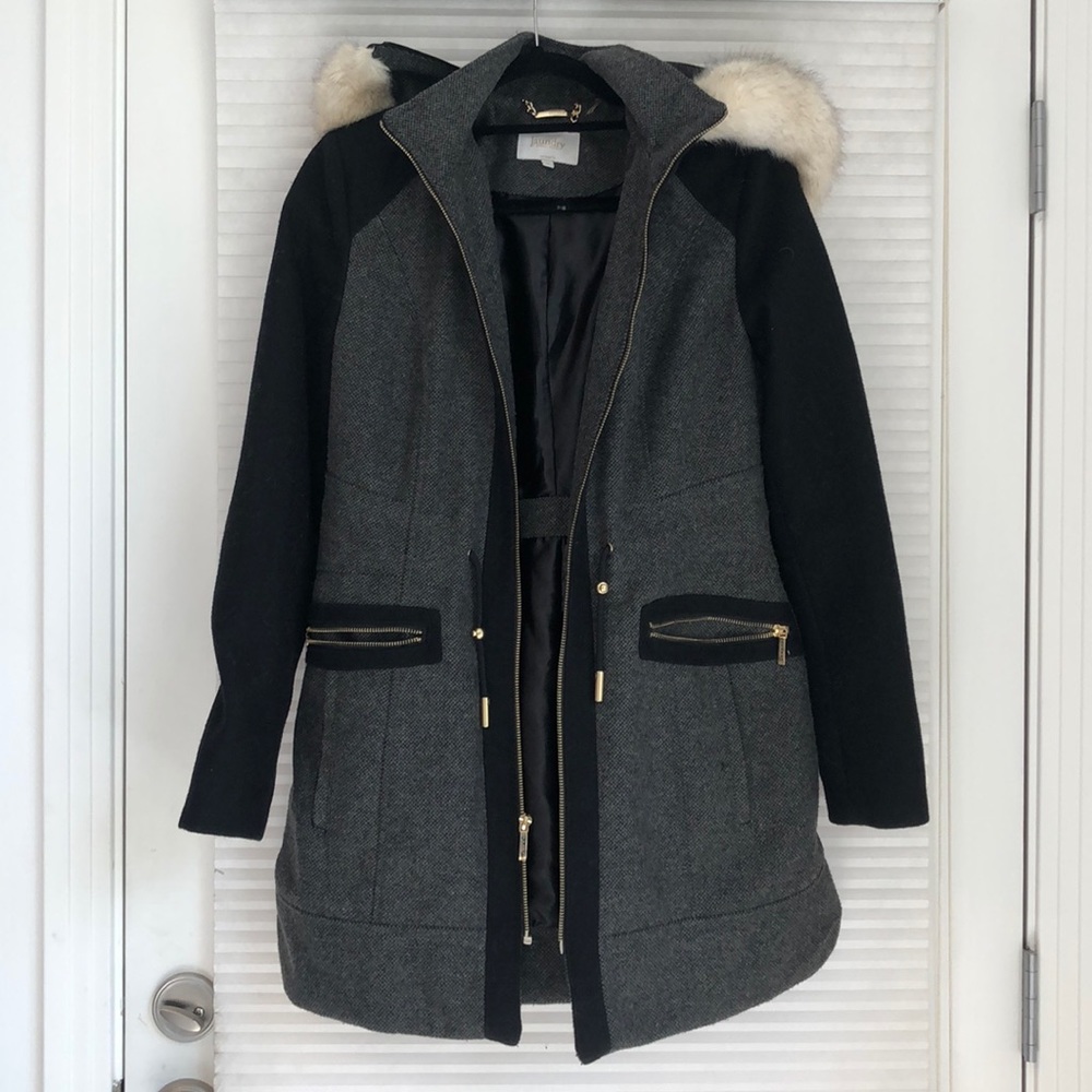 Laundry By Shelli Segal Winter Wool Coat S Fur Hood Zip Up